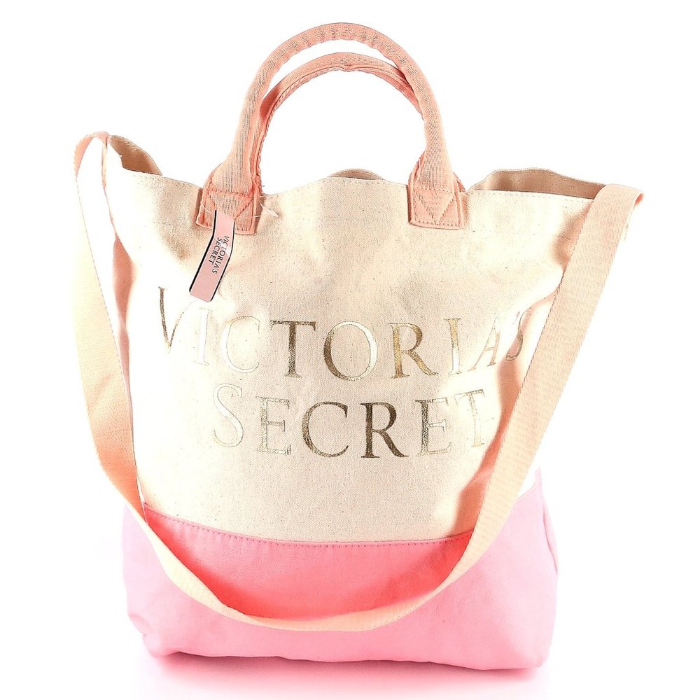NWT Vintage PINK Victoria's Secret Canvas Tote Beach Bag in Pink, Gold & Beige